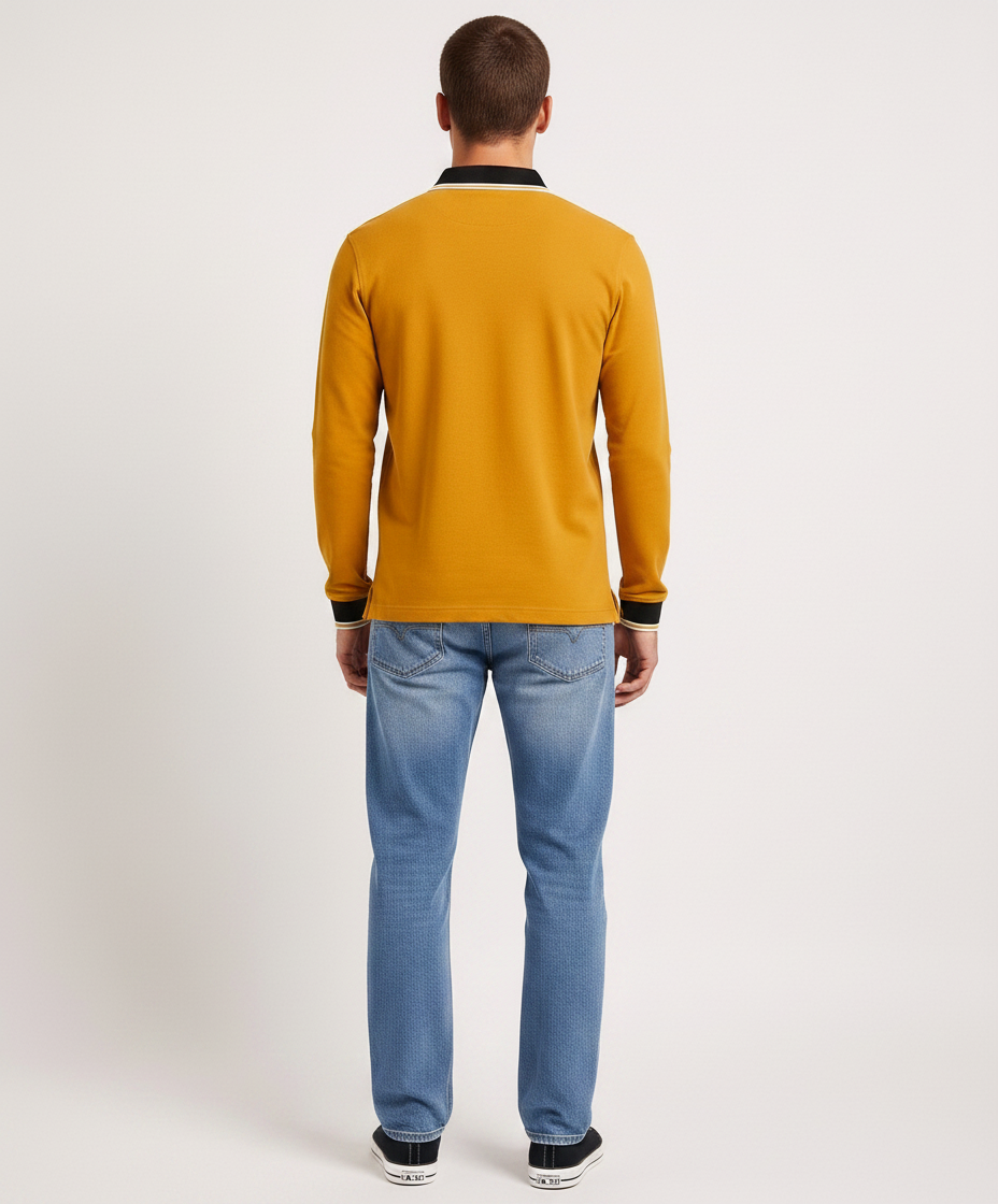 Men’s Mustard Full Sleeve Polo T-Shirt – Cotton Blend Lycra Stretch  | Contrast Collar