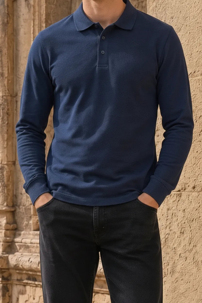 Men’s Navy Pique Lycra Polo Neck Full-Sleeve Winter T-Shirt
