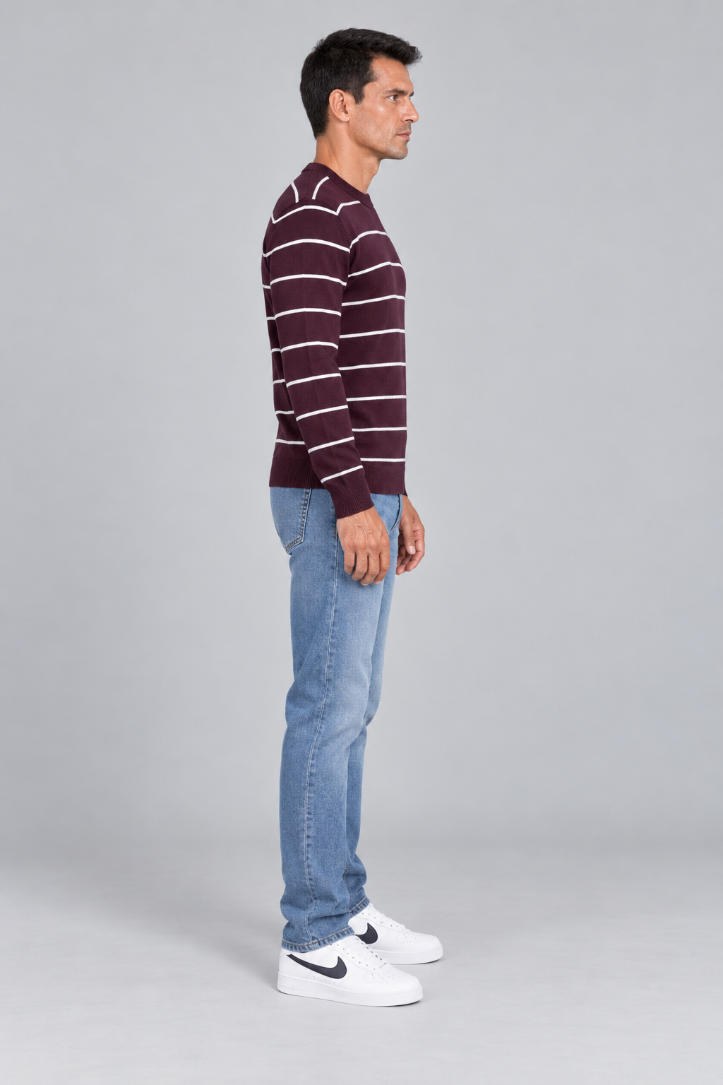 Men’s Dark Wine Cotton Striped Sweater – Regular Fit Crew Neck Full Sleeve Knitted Pullover