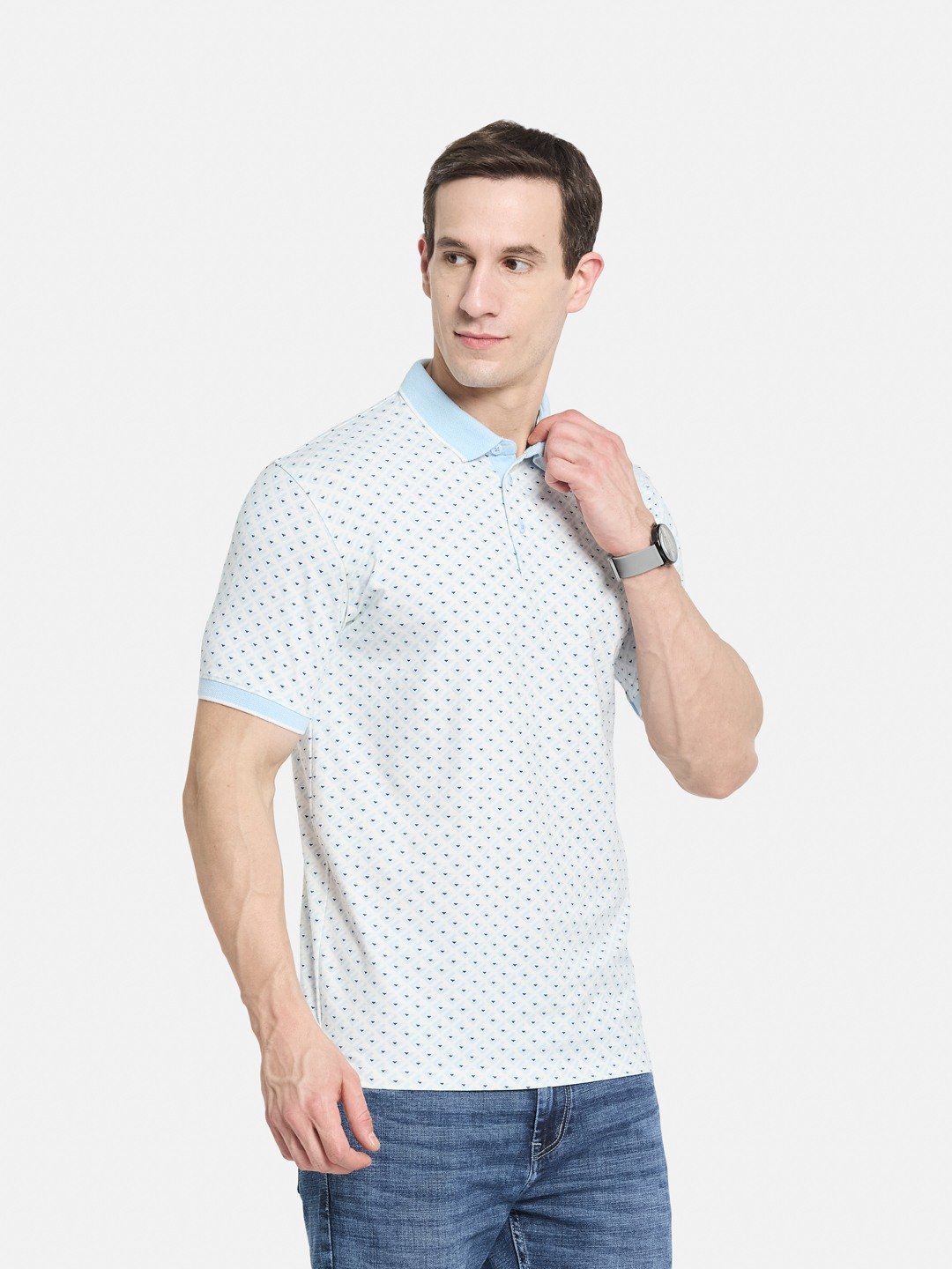 AOP MOTIF PRINT  POLO NECK SINGLE JERSEY KNIT LYCRA T-SHIRT
