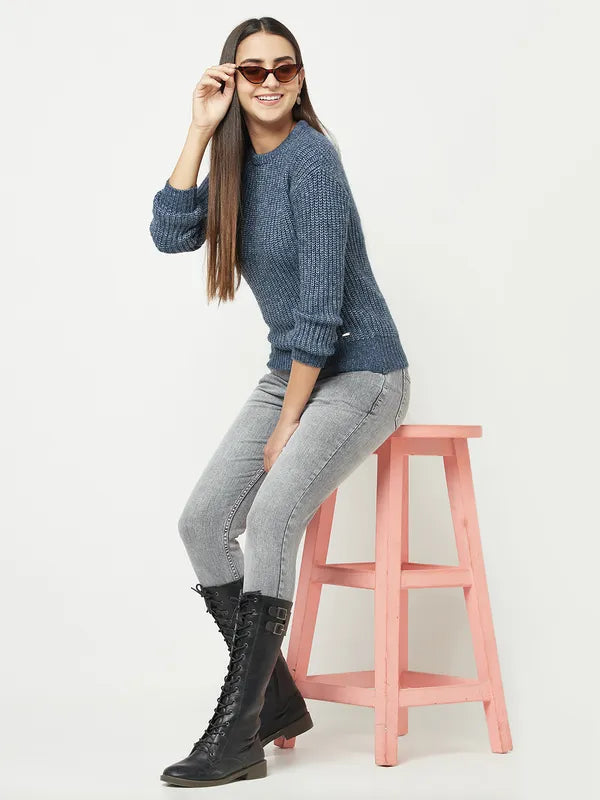 Women Navy Melange Sweaters