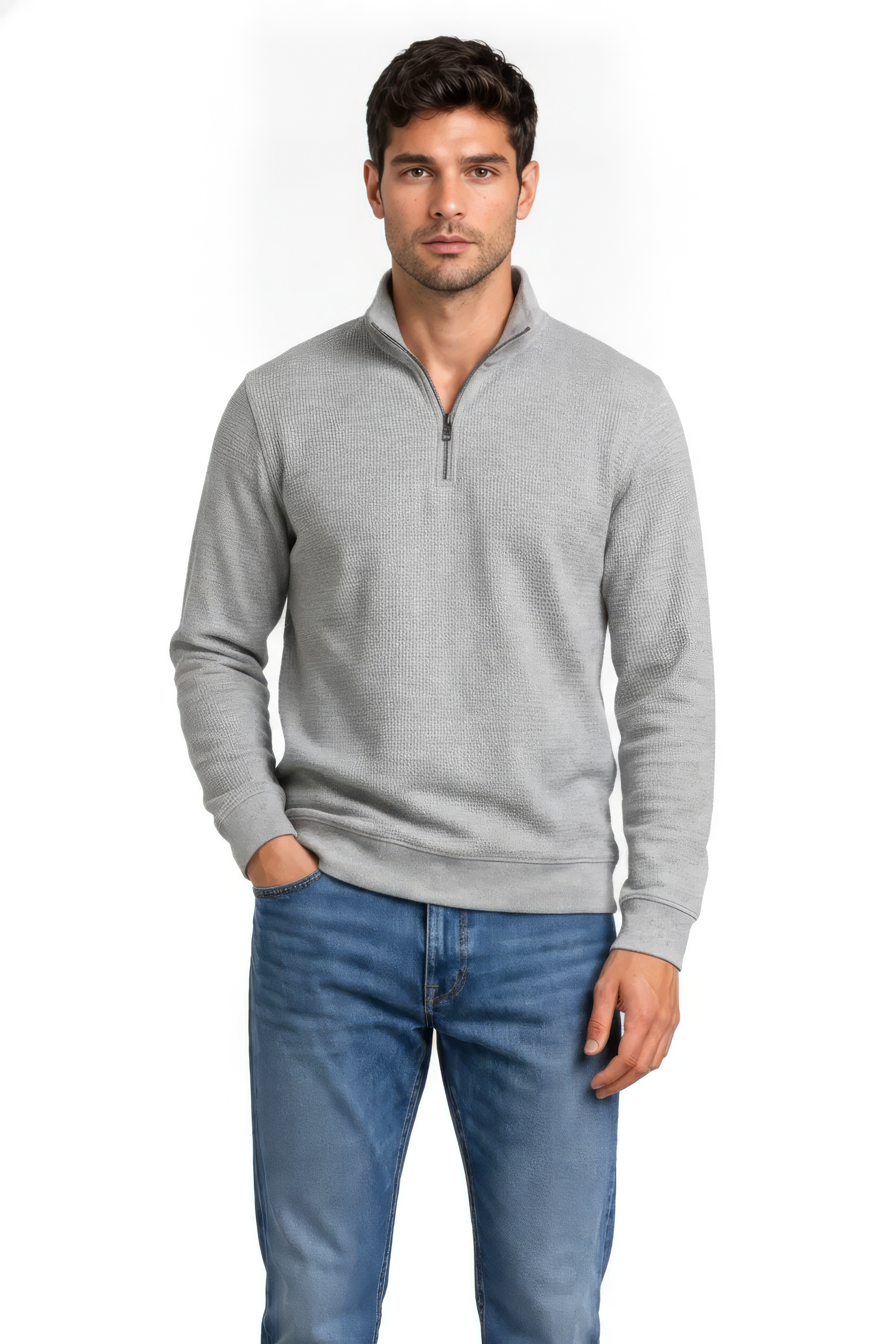 Men’s Onyx Standing Collar Half-Zip Sweatshirt – Brushed Seersucker Fabric Pullover