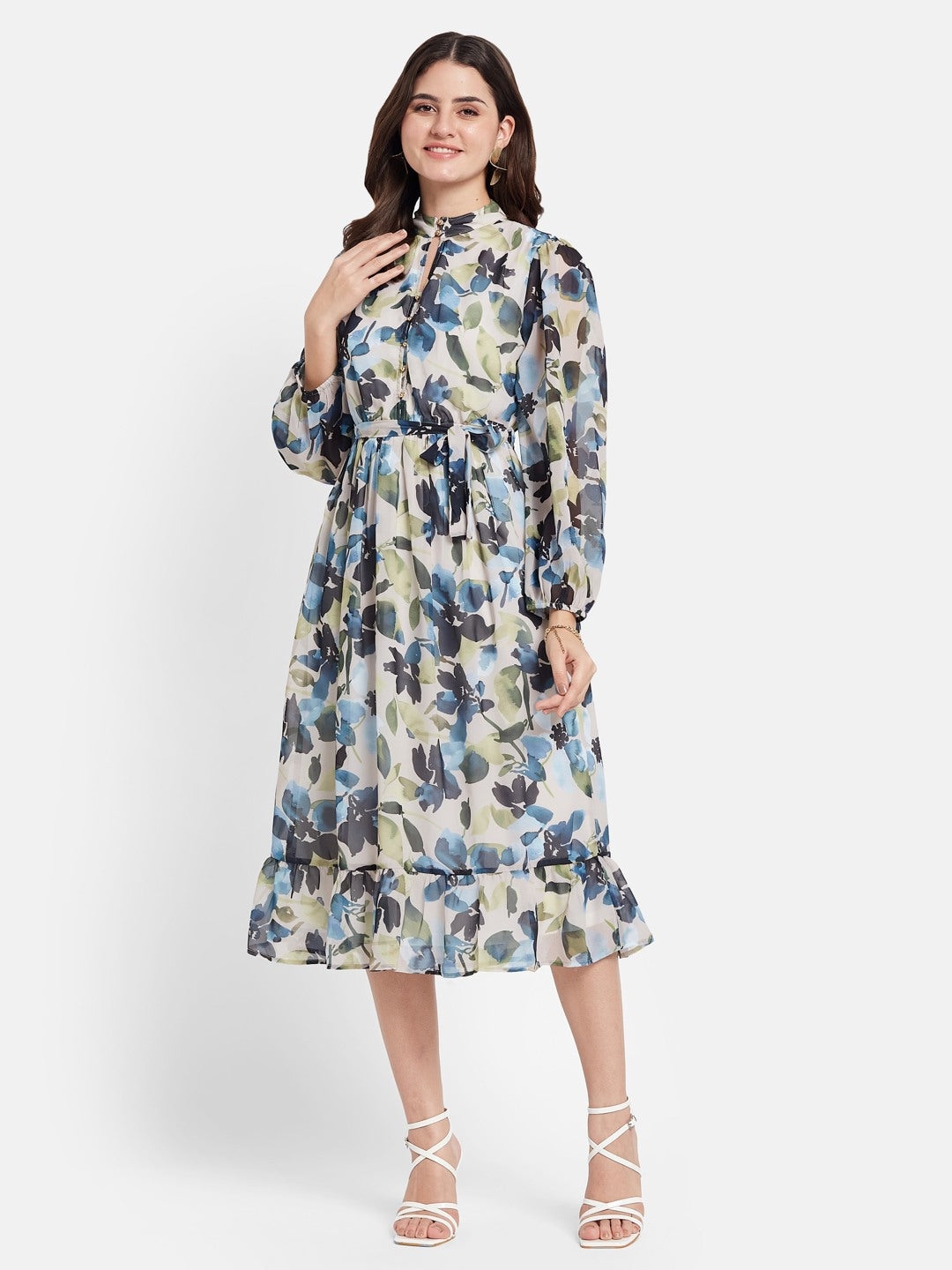 METTLE Floral Print Puff Sleeves Mock Neck Fit & Flare Dress