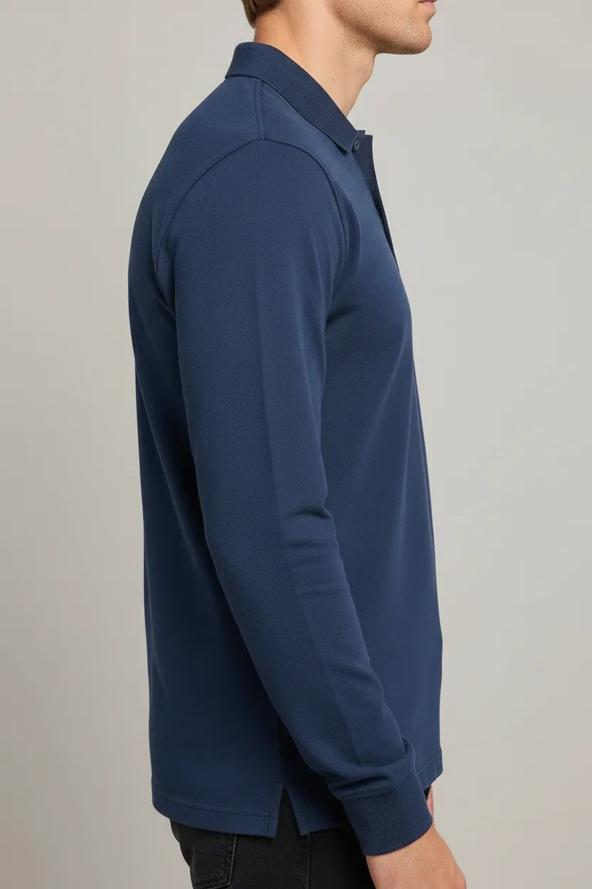 Men’s Navy Pique Lycra Polo Neck Full-Sleeve Winter T-Shirt