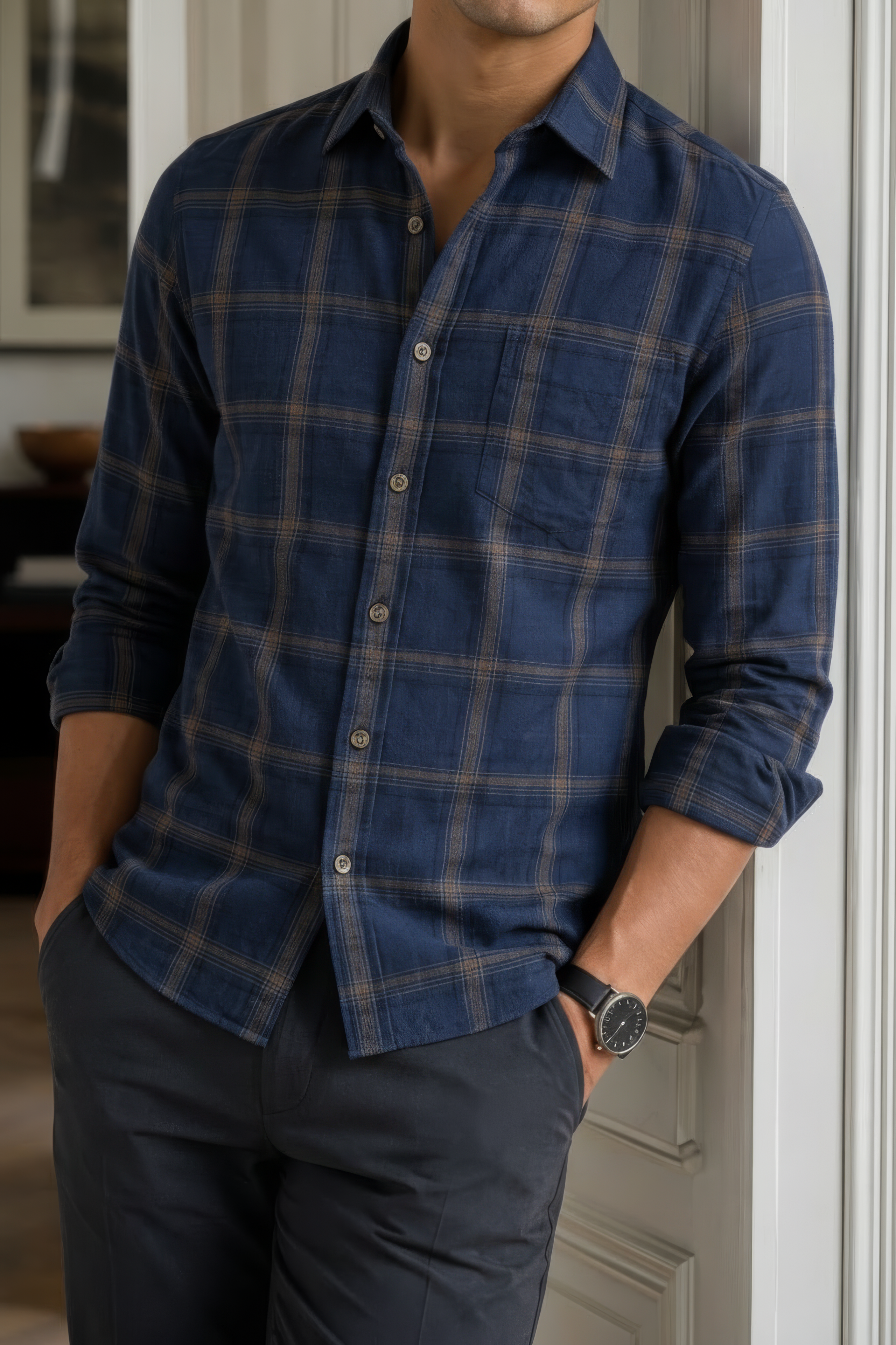 Men’s Navy Check Corduroy Cotton Full-Sleeve Shirt