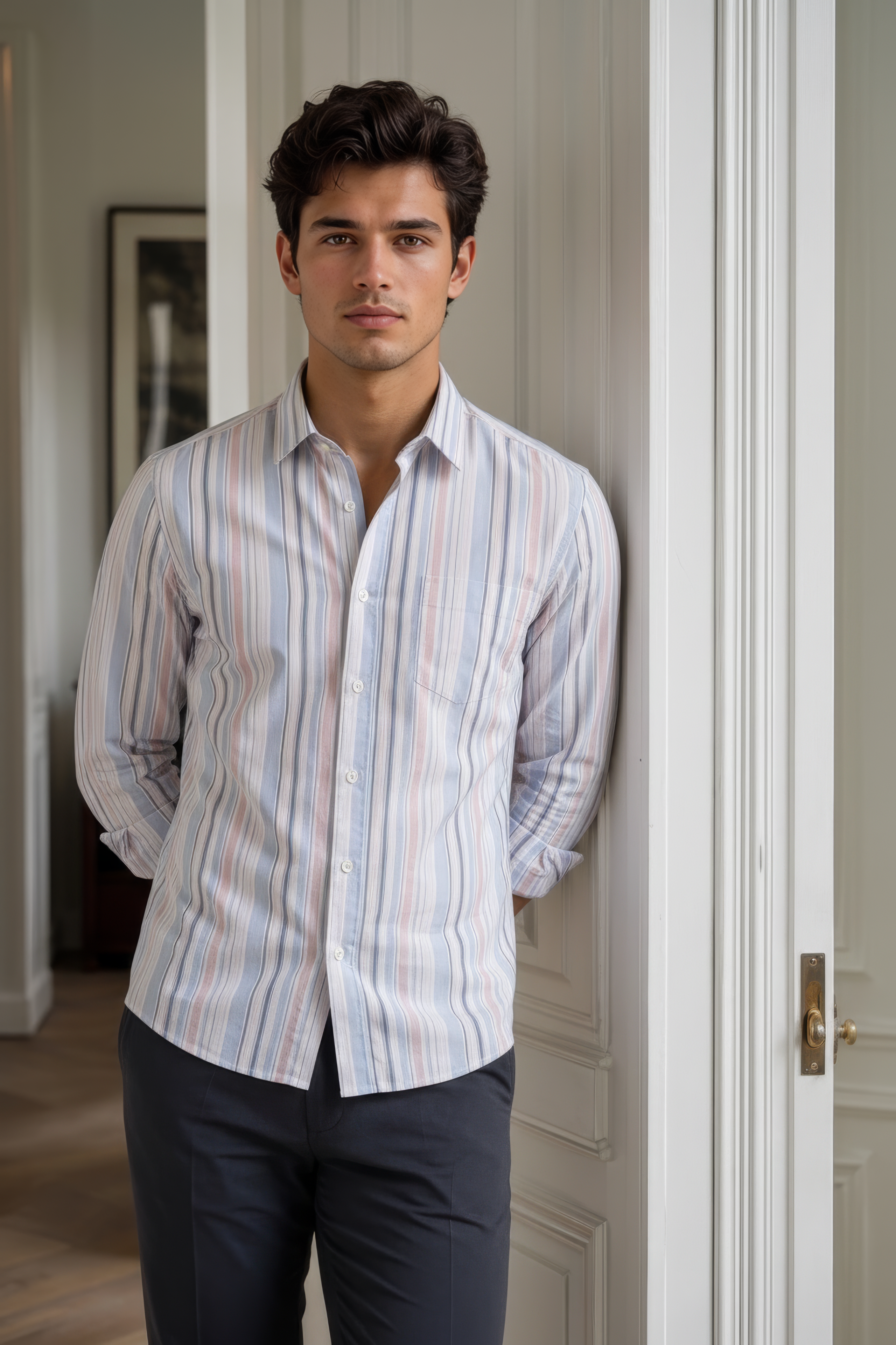 Men’s Sky Blue Vertical Striped Oxford Shirt