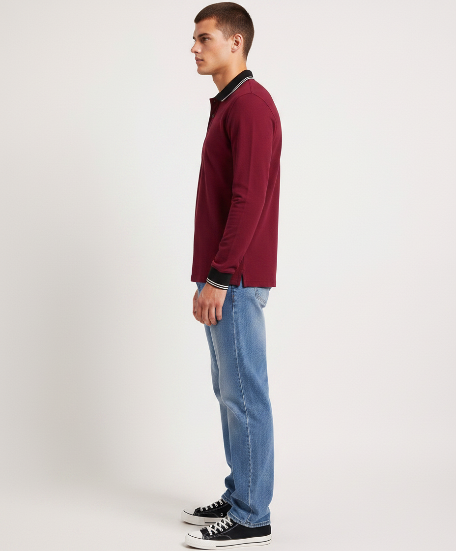 Men’s Merlot Full Sleeve Polo T-Shirt | Cotton Blend Lycra Stretch