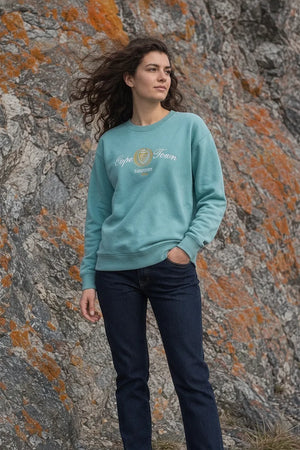 Women Light Teal Cotton Blended Suede Crew Neck | Full Sleeves Winter Sweatshirt