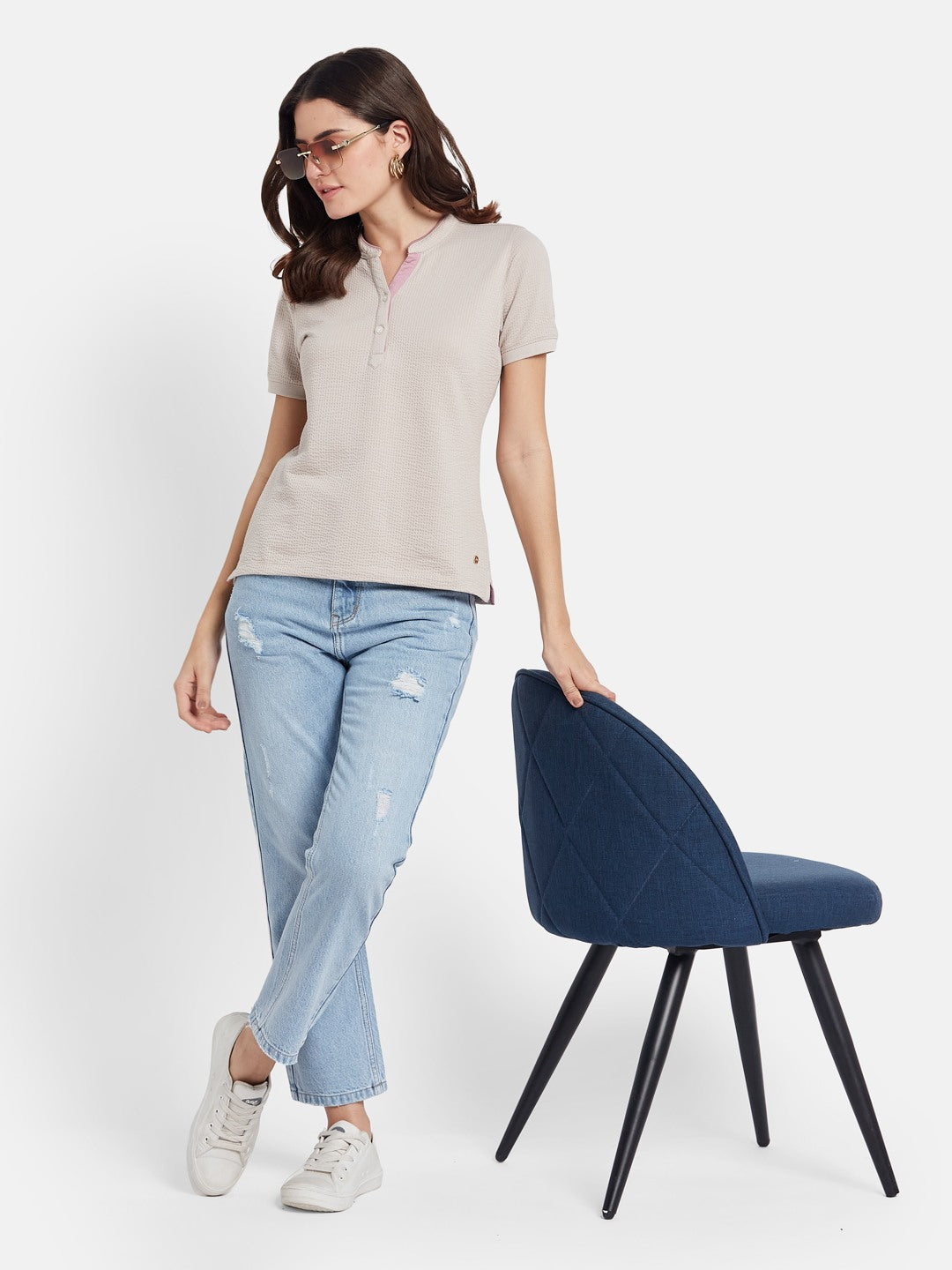 METTLE Self Design Mandarin Collar Cotton T-shirt