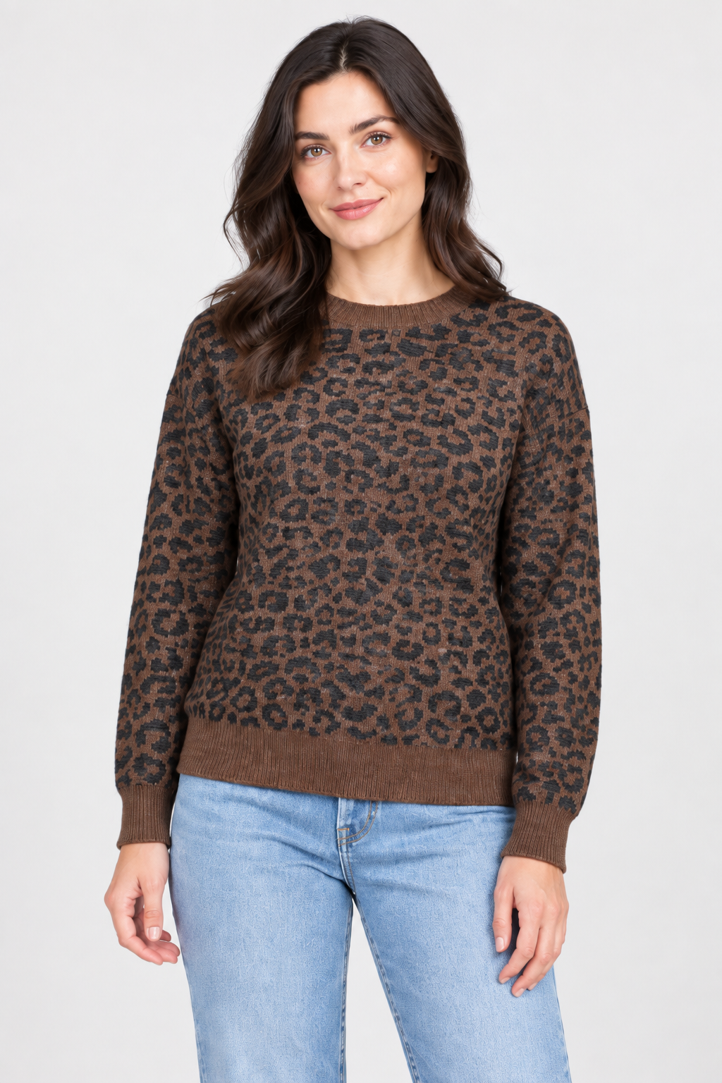 Women’s Coffee Knitted Wool Animal Print Sweater – Regular Fit Crew Neck