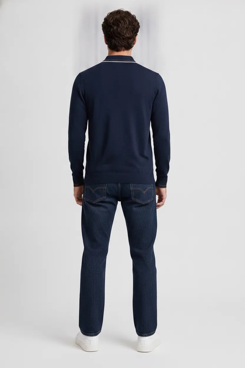 Men's Navy Full Sleeve Cotton Waffle Knit Polo T-Shirt | Textured