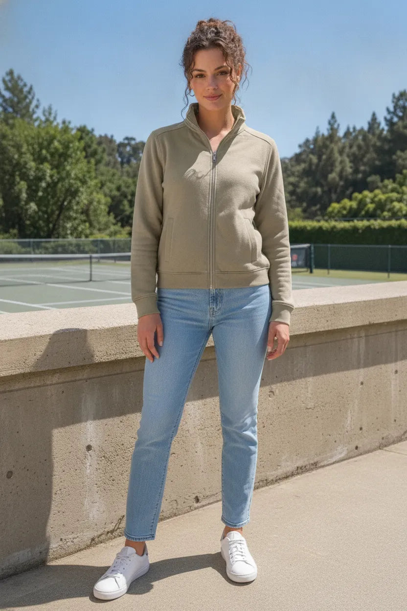Women Natural Milange Cotton Blended German Velvet Full Zip | Standing Collar Winter Sweatshirt