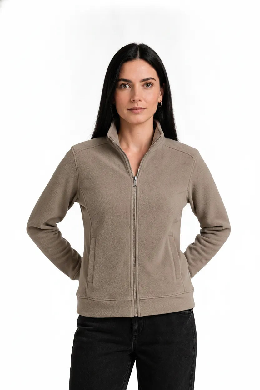 Women Natural Milange Cotton Blended German Velvet Full Zip | Standing Collar Winter Sweatshirt
