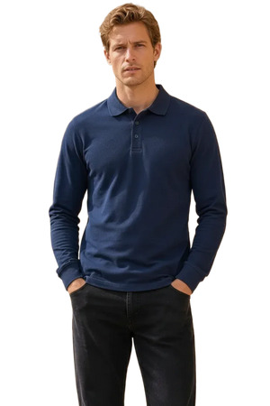 Men’s Navy Pique Lycra Polo Neck Full-Sleeve Winter T-Shirt