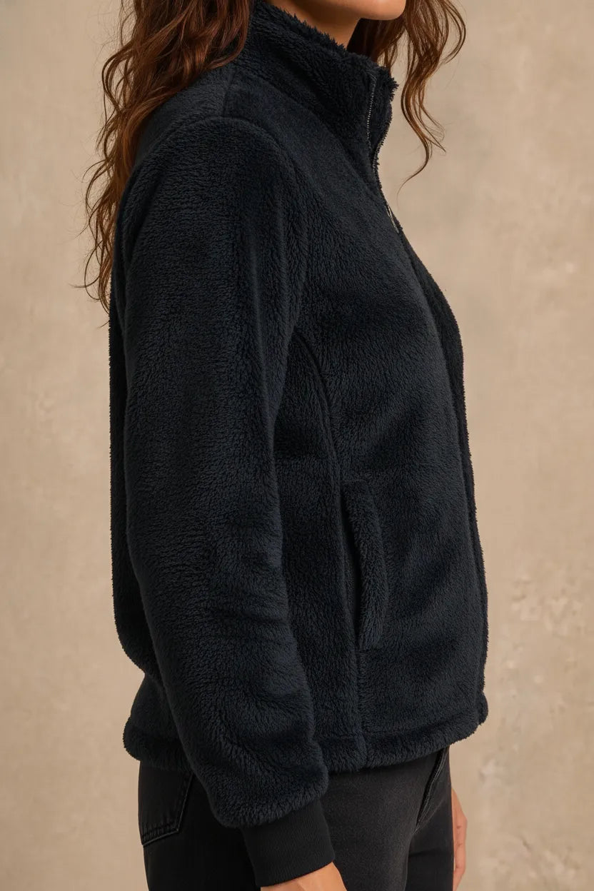 Women Black Double Sided Coral Fur Full Zip | Soft Winter Sweatshirt