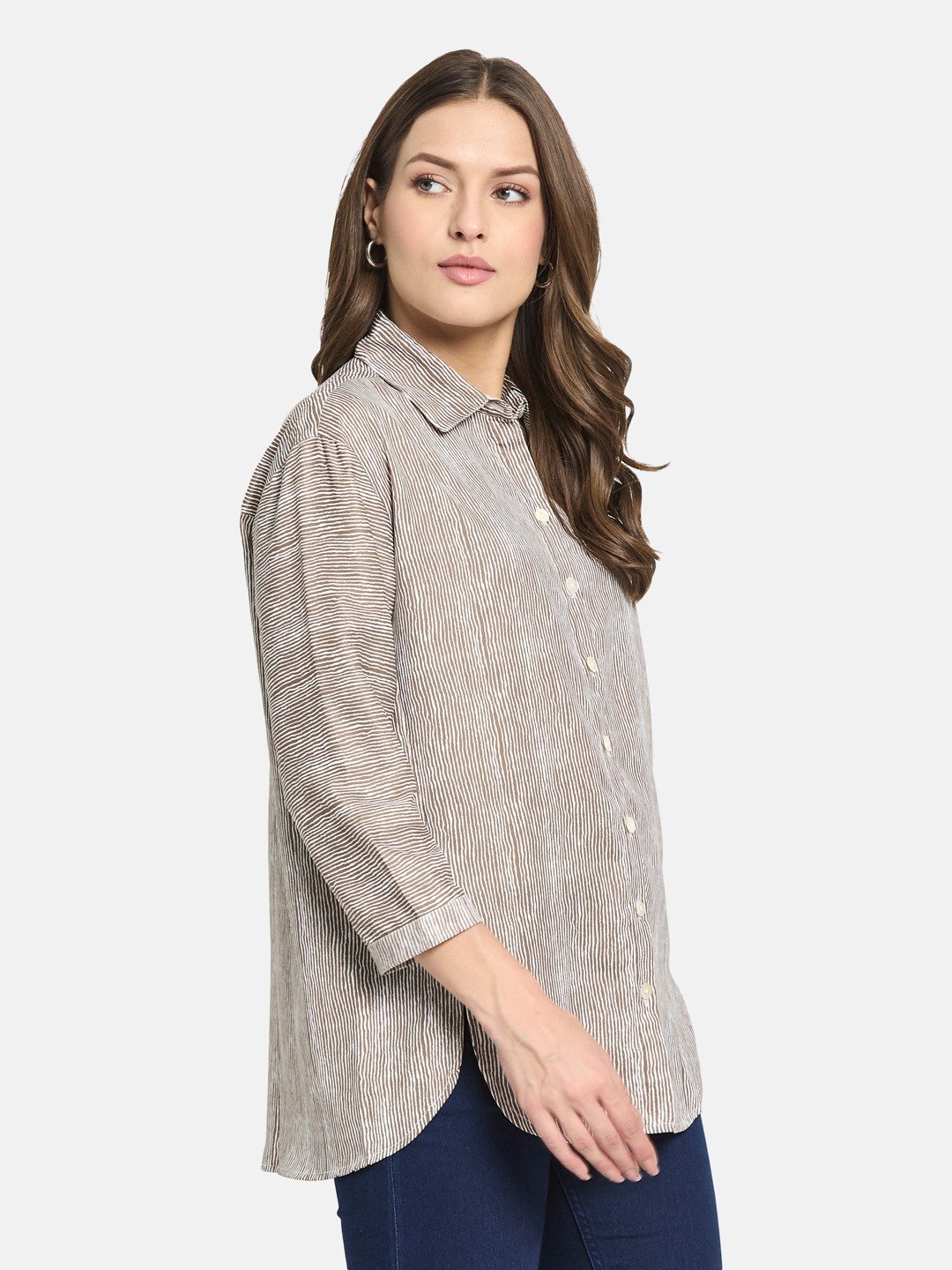 METTLE Women Olive Shirt Collar Striped Cotton Top