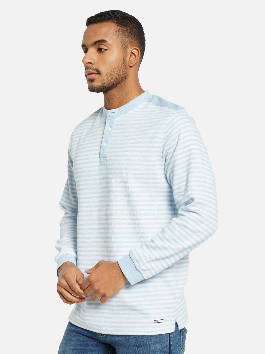 METTLE Men Striped Mandarin Collar Pockets T-shirt