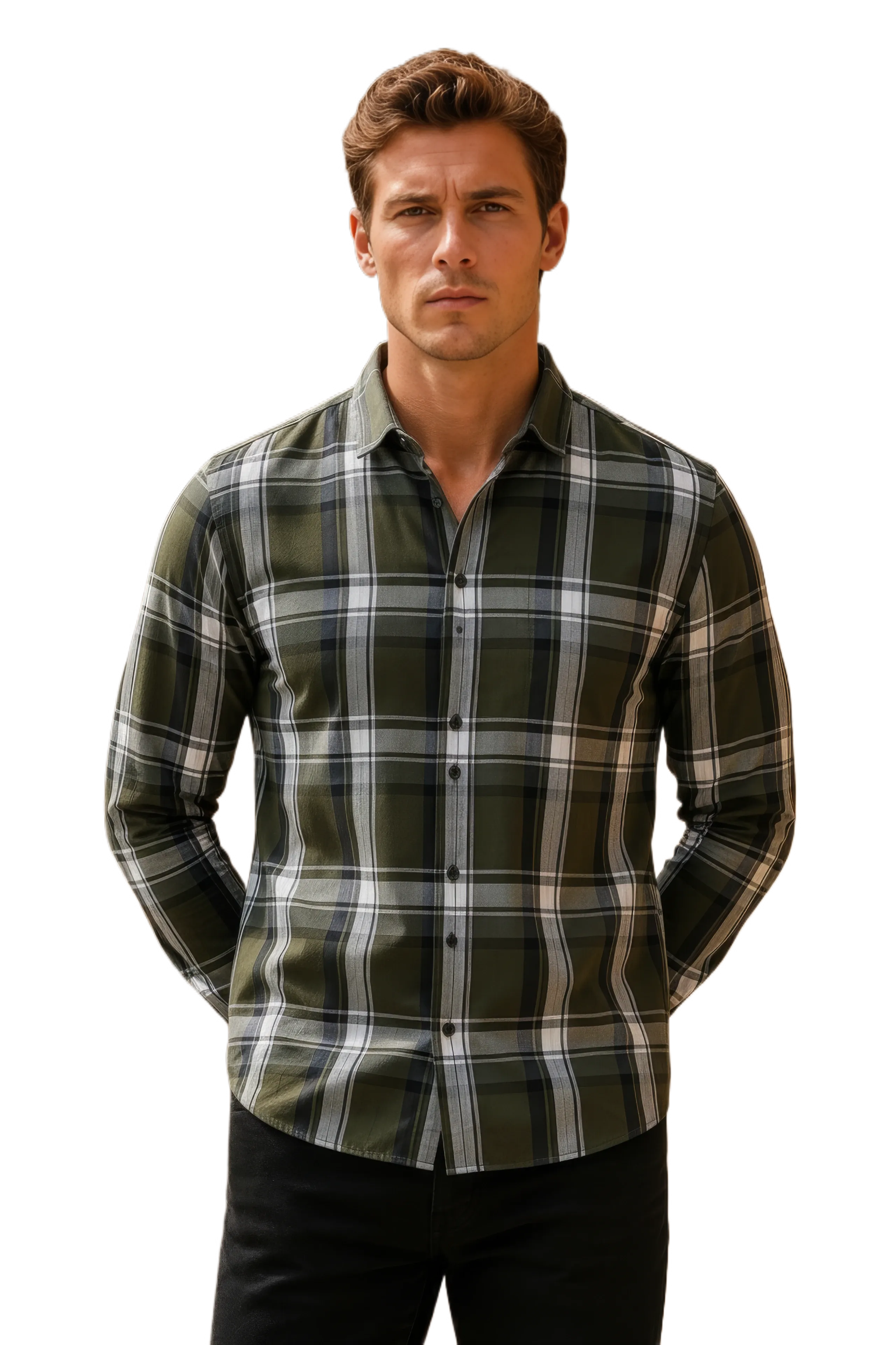 Men’s Olive Check Cotton Tencel Shirt