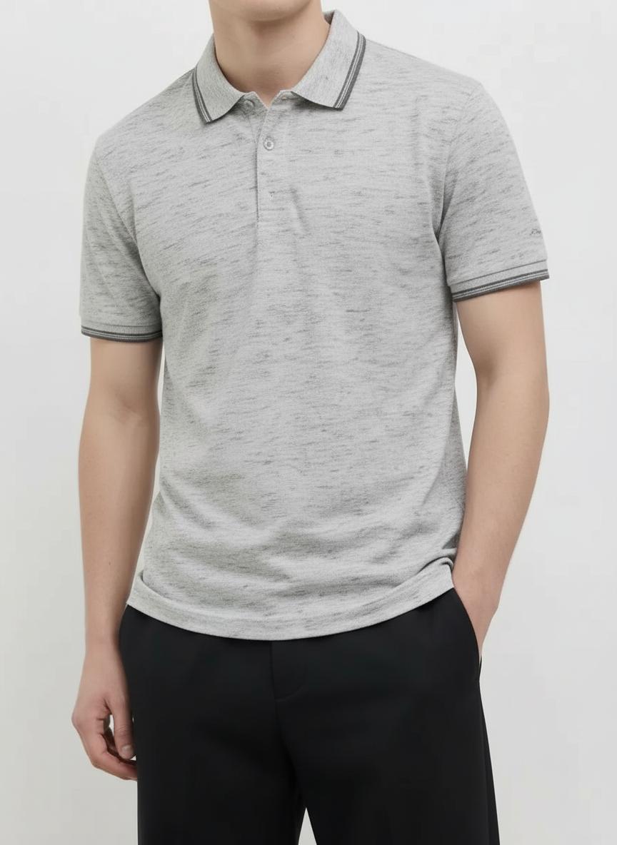Men White Melange Polo Collar Pockets T-shirt