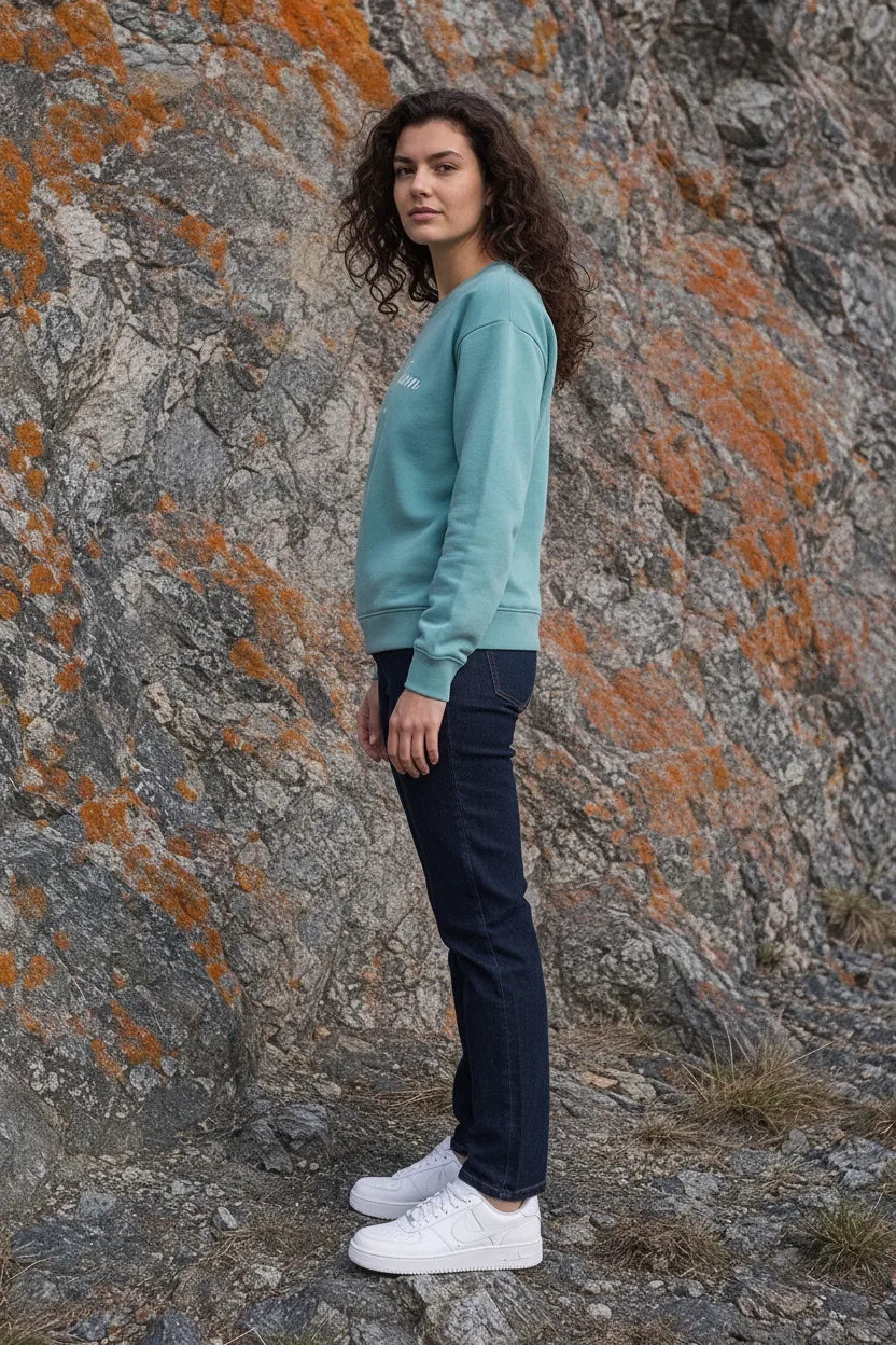 Women Light Teal Cotton Blended Suede Crew Neck | Full Sleeves Winter Sweatshirt