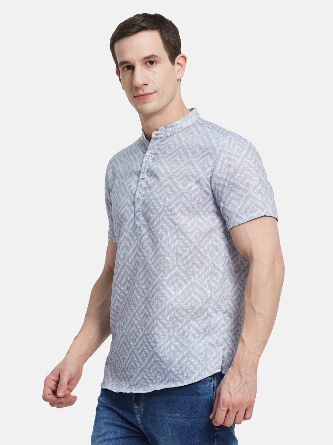METTLE Men Band Collar Geometric Printed Cotton Casual Shirt