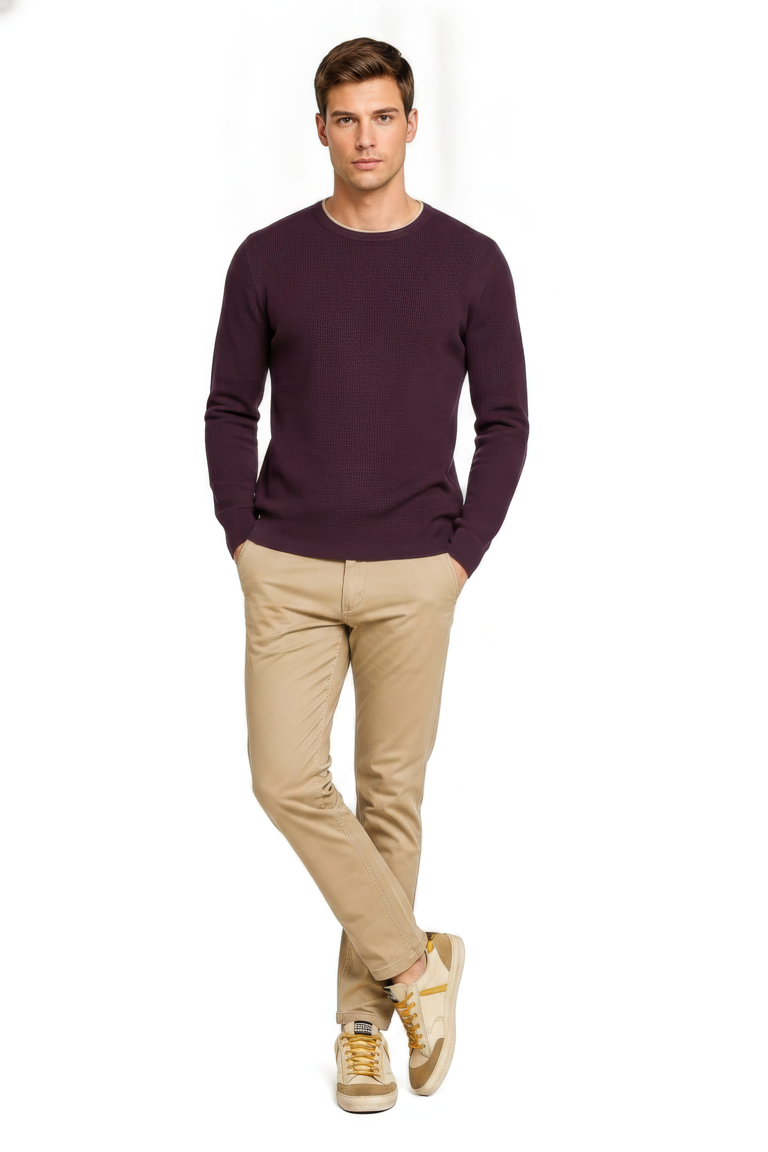 Men’s Wine Structured Cotton Round-Neck Full-Sleeve Winter Top