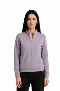 Women Levender Milange Cotton Blended German Velvet Full Zip | Standing Collar Winter Sweatshirt
