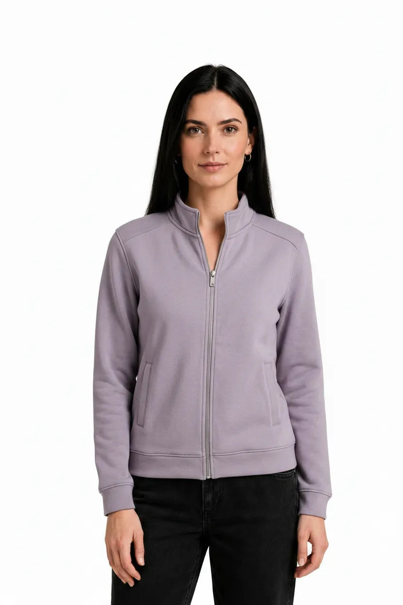 Women Levender Milange Cotton Blended German Velvet Full Zip | Standing Collar Winter Sweatshirt