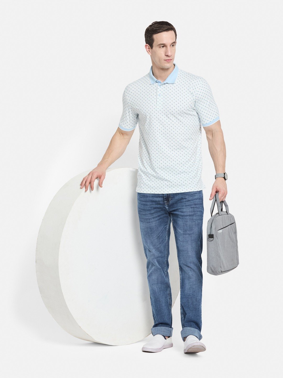 AOP MOTIF PRINT  POLO NECK SINGLE JERSEY KNIT LYCRA T-SHIRT