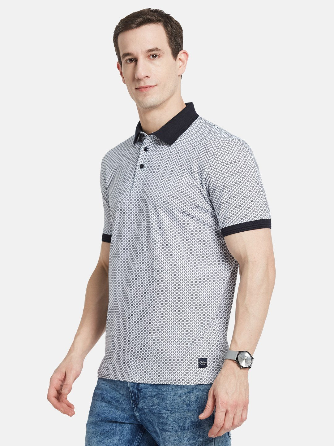 AOP MOTIF PRINT POLO NECK SINGLE JERSEY KNIT T-SHIRT