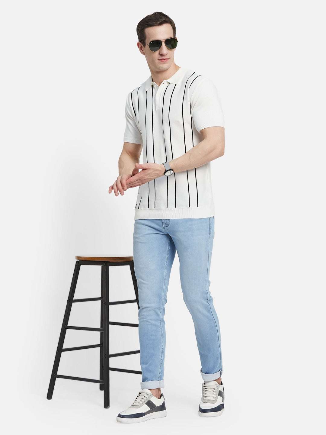 METTLE Men Striped Polo Collar Cotton T-shirt