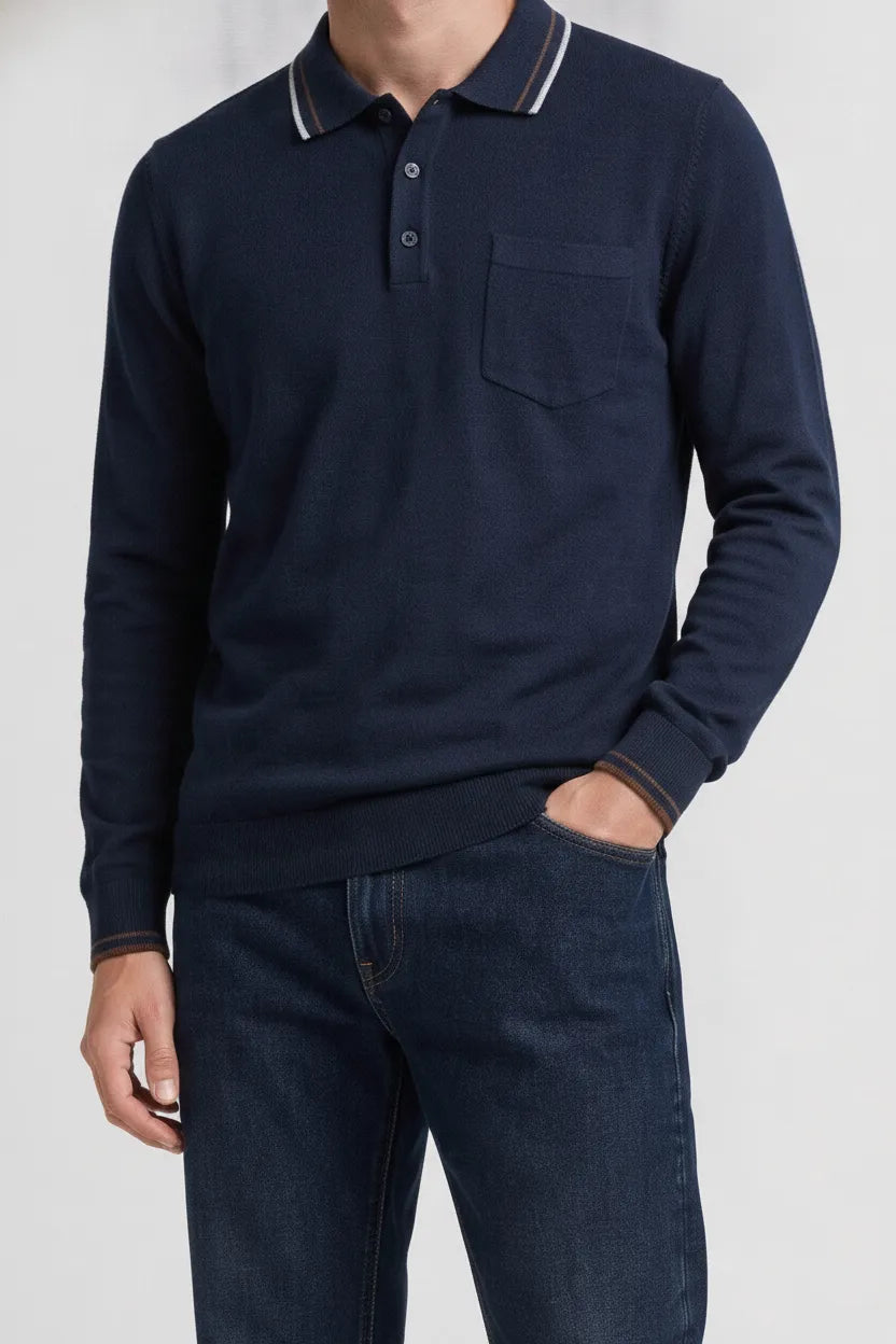 Men's Navy Full Sleeve Cotton Waffle Knit Polo T-Shirt | Textured