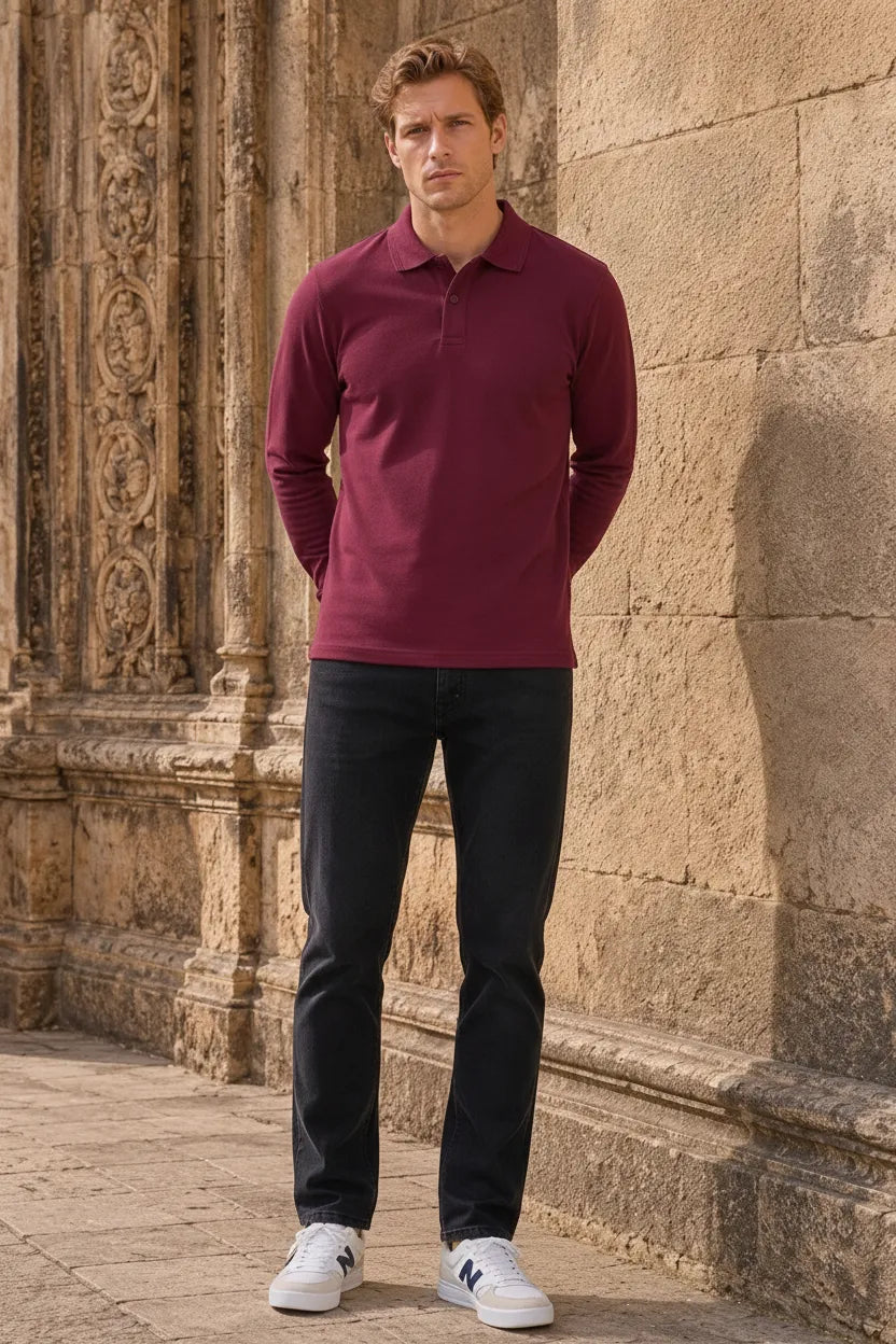 Men’s Merlot Pique Lycra Polo Neck Full-Sleeve Winter T-Shirt
