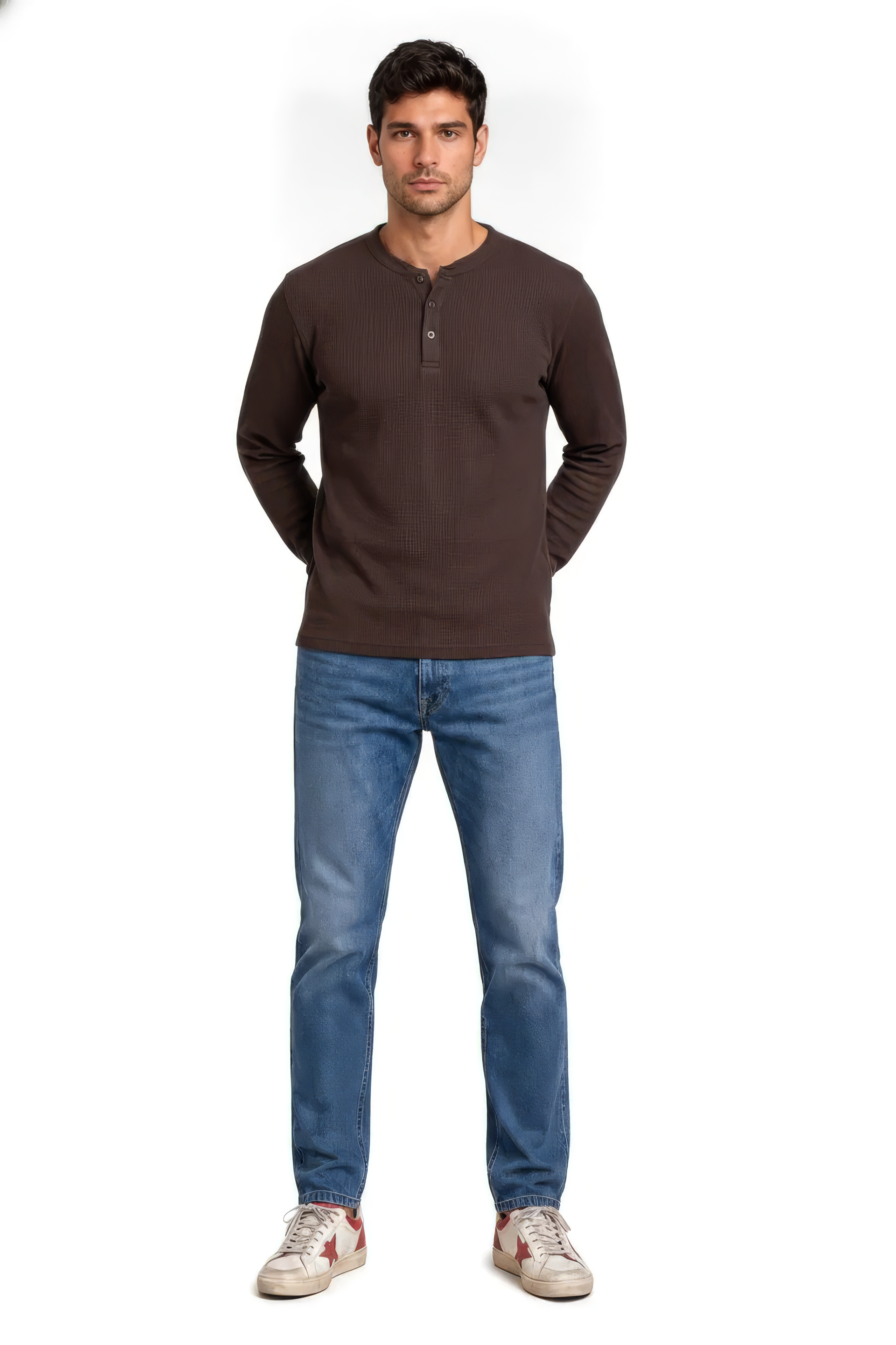 Men’s Coffee Cotton Blended Seersucker Full Sleeve Mandarin Collar T-Shirt