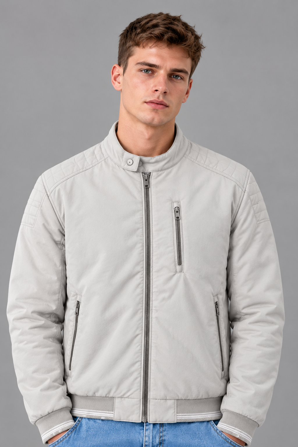 Men’s Regular Fit Woven Full-Zip Jacket with Stand Collar & Zip Pockets – Beige