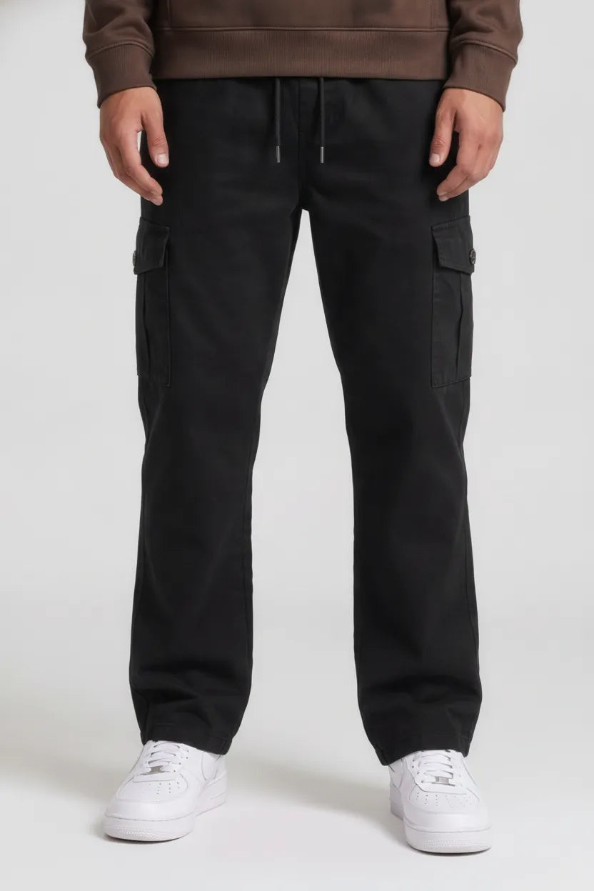 Men’s Black Cotton Poplin Cargo Lower with Drawstring Waist