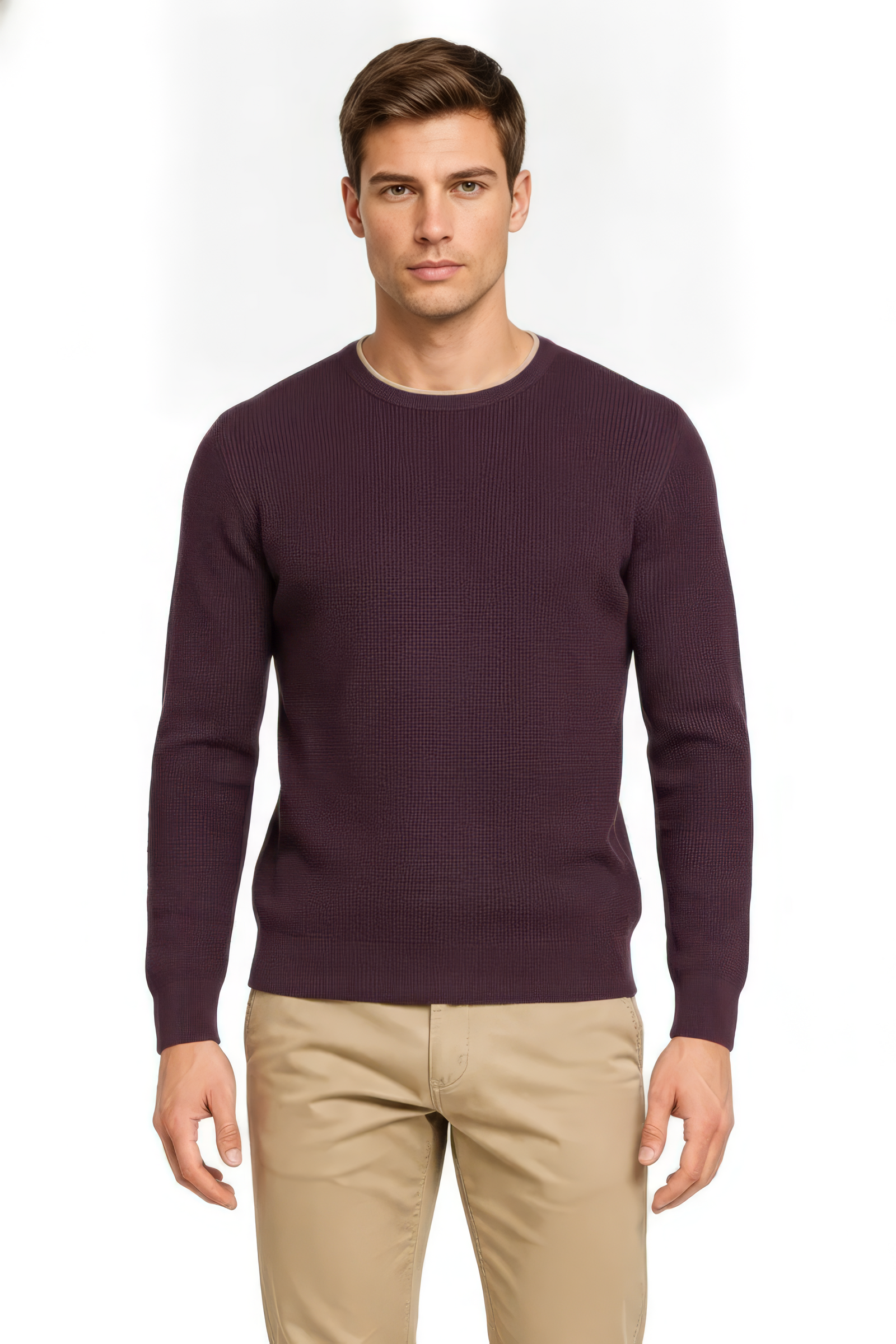 Men’s Wine Structured Cotton Round-Neck Full-Sleeve Winter Top