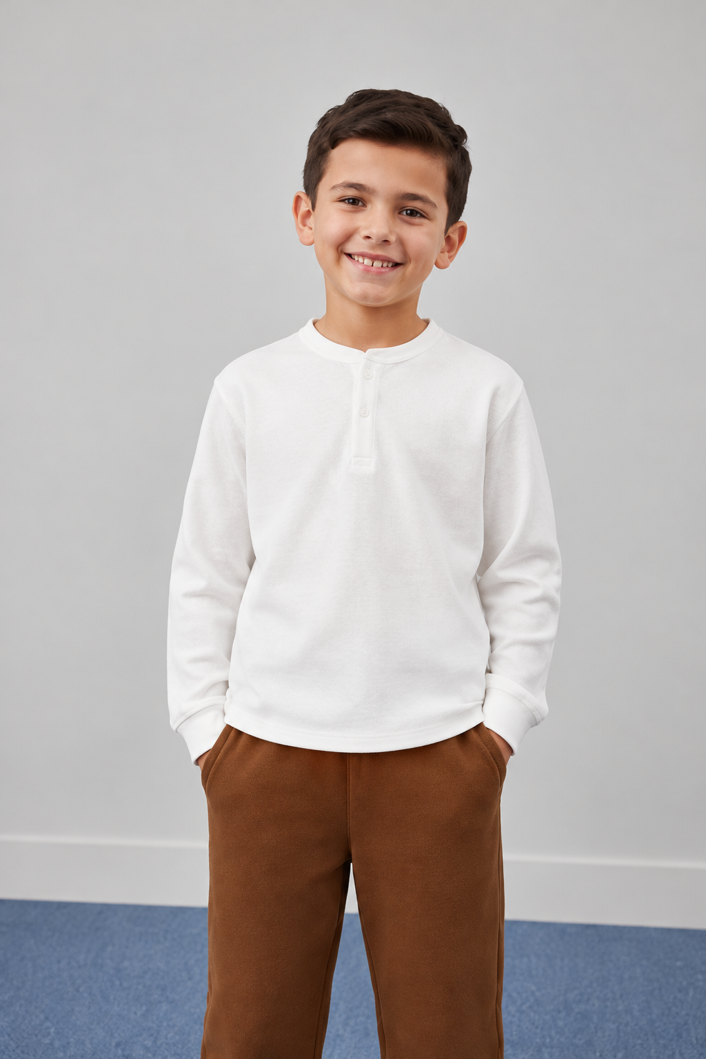 Junior Boys White Seersucker Henley Collar Full Sleeve Pre-Winter T-Shirt – Regular Fit