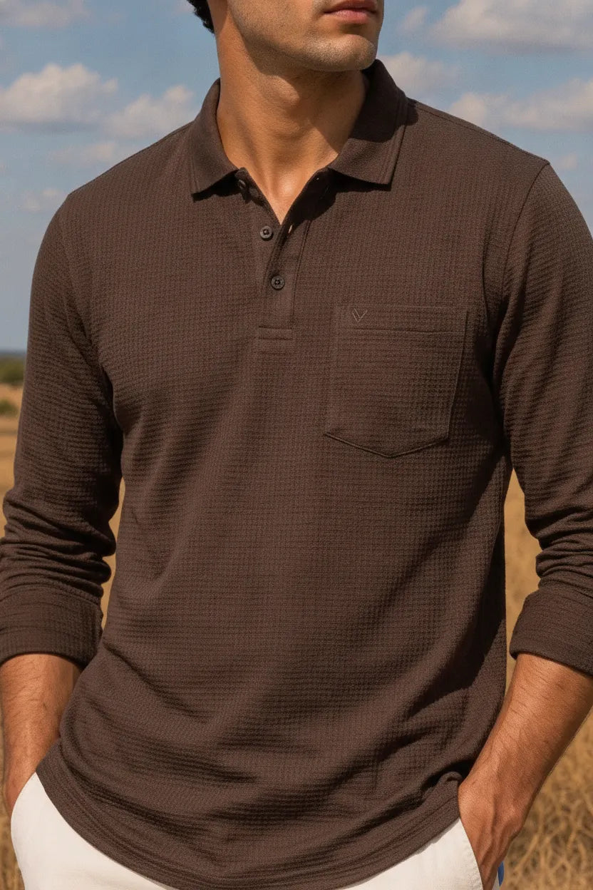 Men's Linen Melange Structured Cotton Full Sleeve Polo T-Shirt | Waffle Textured Pre-Winter