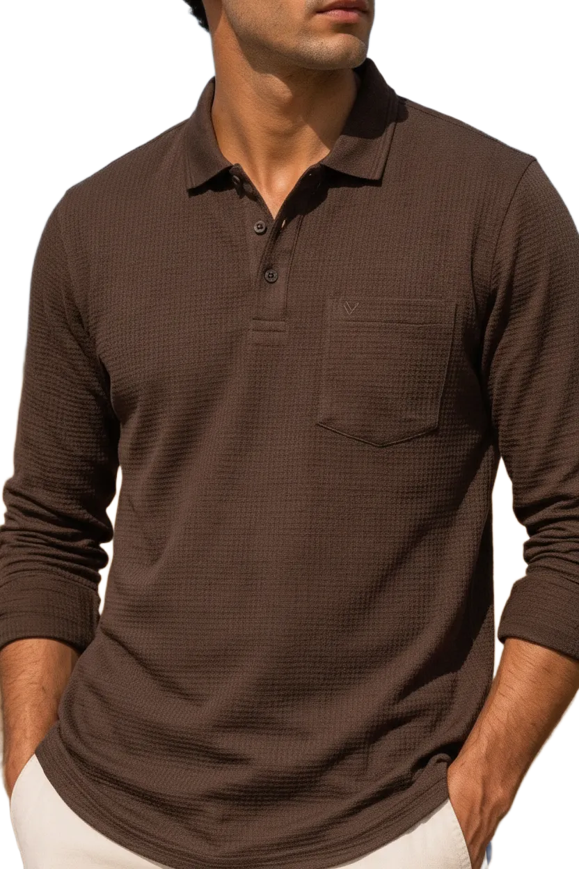 Men's Linen Melange Structured Cotton Full Sleeve Polo T-Shirt | Waffle Textured Pre-Winter