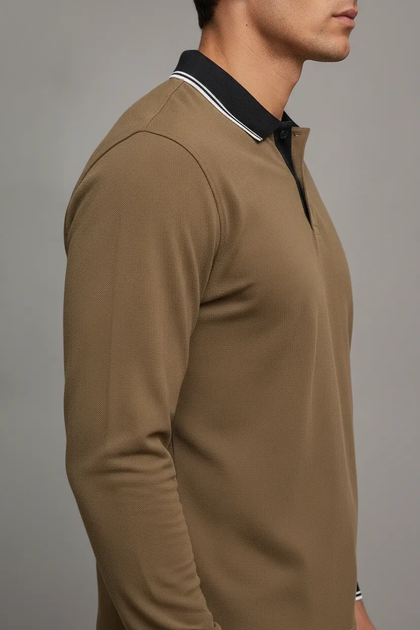 Men’s Tan Full Sleeve Polo T-Shirt | Cotton Blend Lycra Stretch