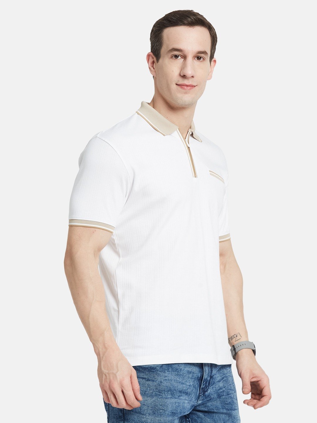 VERTICAL STRIPE HALF-ZIP POLO NECK DROP NEEDLE INTERLOCK T-SHIRT