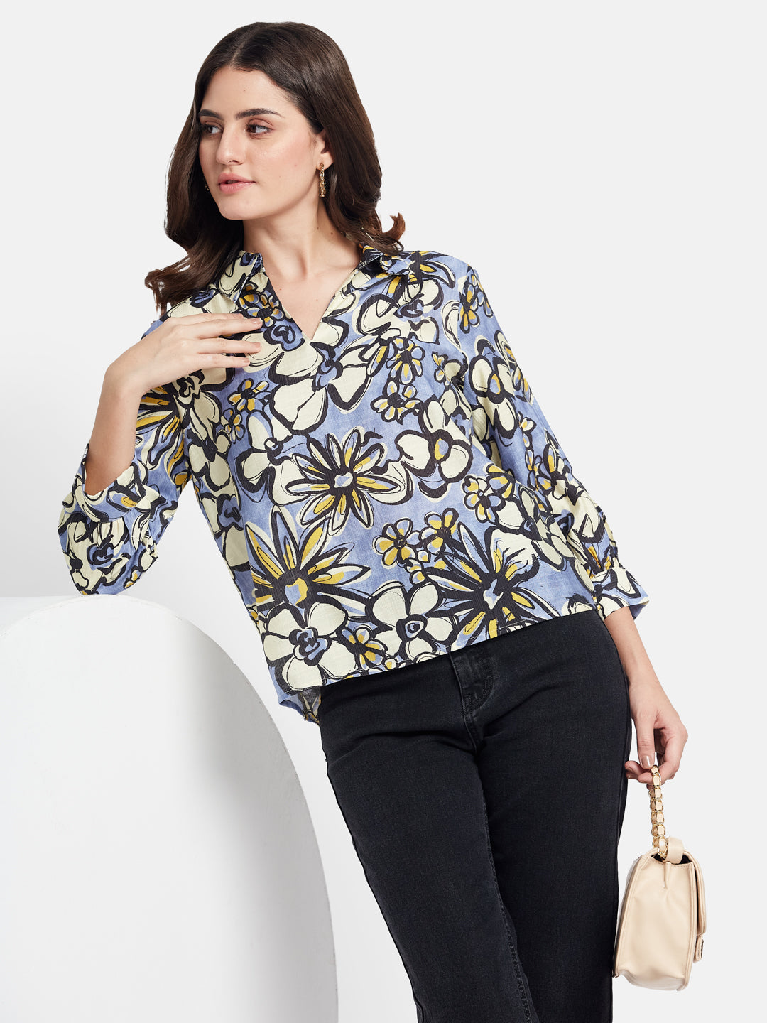METTLE Women Floral Printed Shirt Collar Cuffed Sleeves Cotton Top