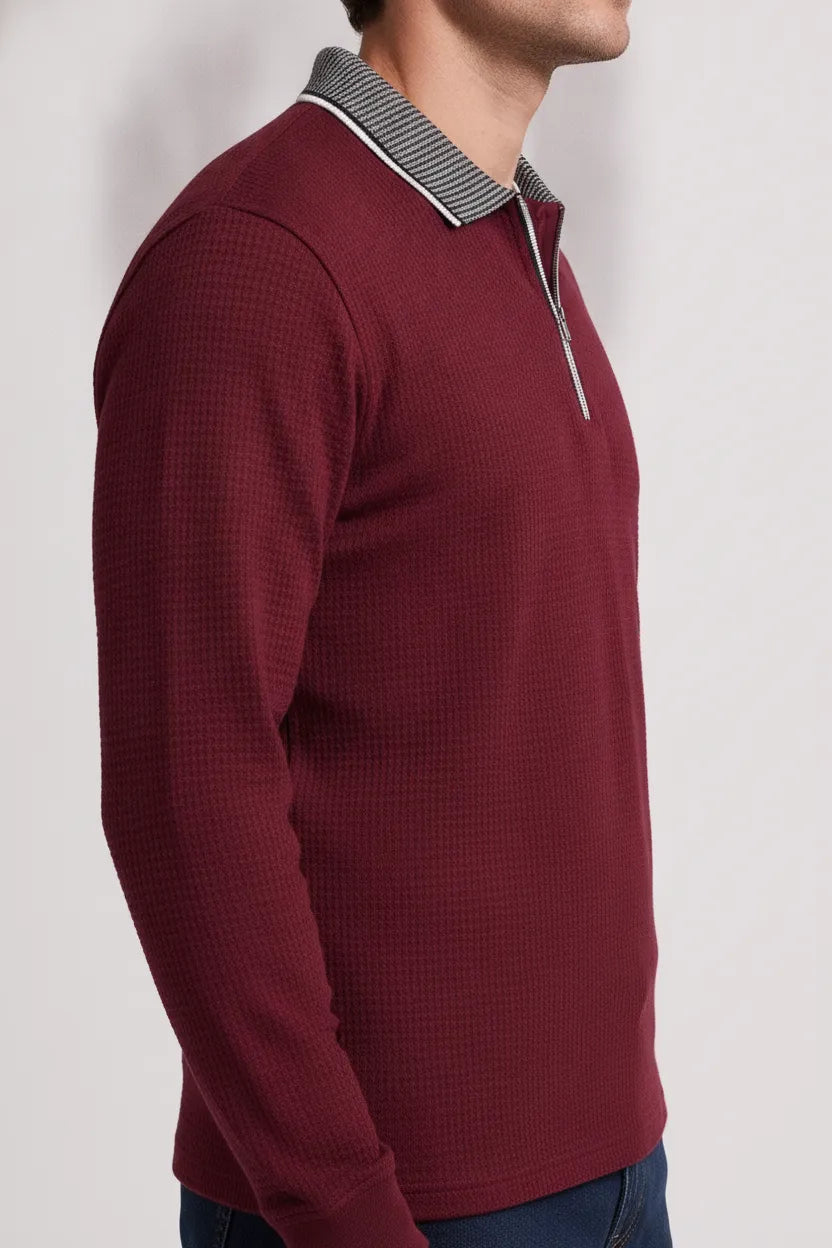 Men's Merlot Structured Cotton Half-Zip Polo T-Shirt | Full Sleeve Textured Pre-Winter