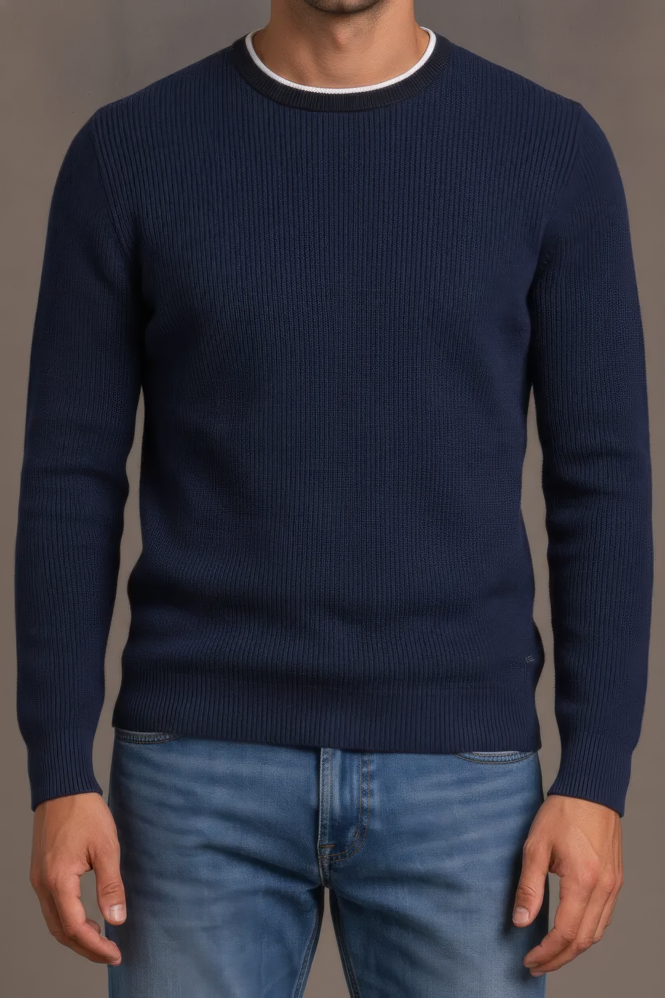 Men’s Navy Structured Cotton Round-Neck Full-Sleeve Winter Top
