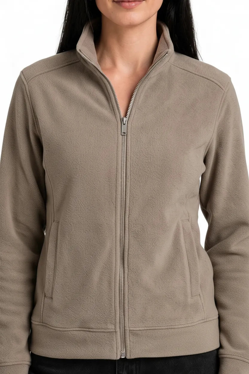 Women Natural Milange Cotton Blended German Velvet Full Zip | Standing Collar Winter Sweatshirt