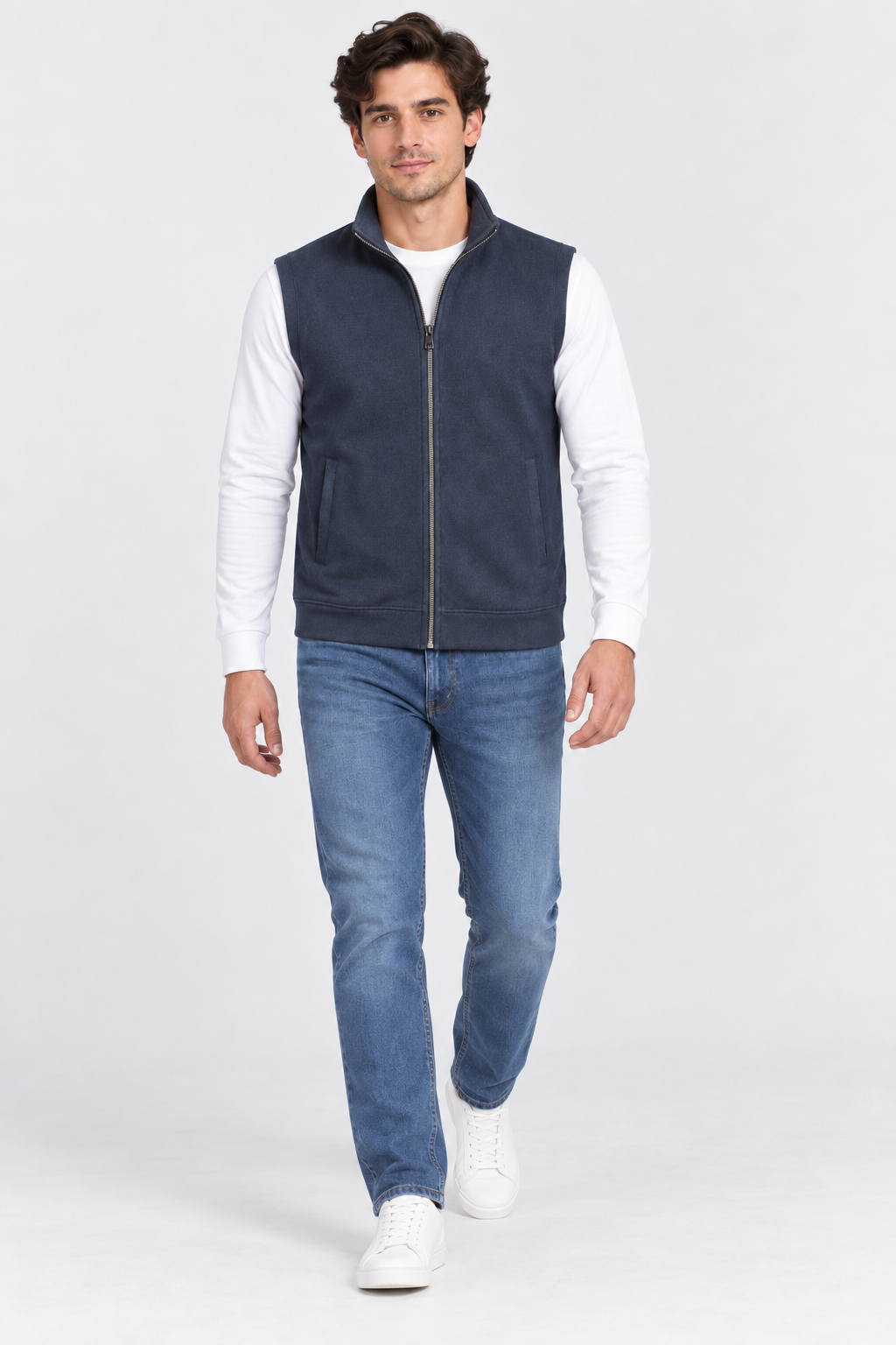 Men’s Navy German Velvet Knitted Gilet – Regular Fit Full Zip Sleeveless Jacket