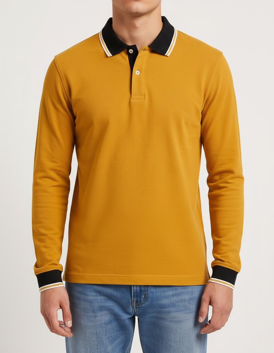 Men’s Mustard Full Sleeve Polo T-Shirt – Cotton Blend Lycra Stretch  | Contrast Collar