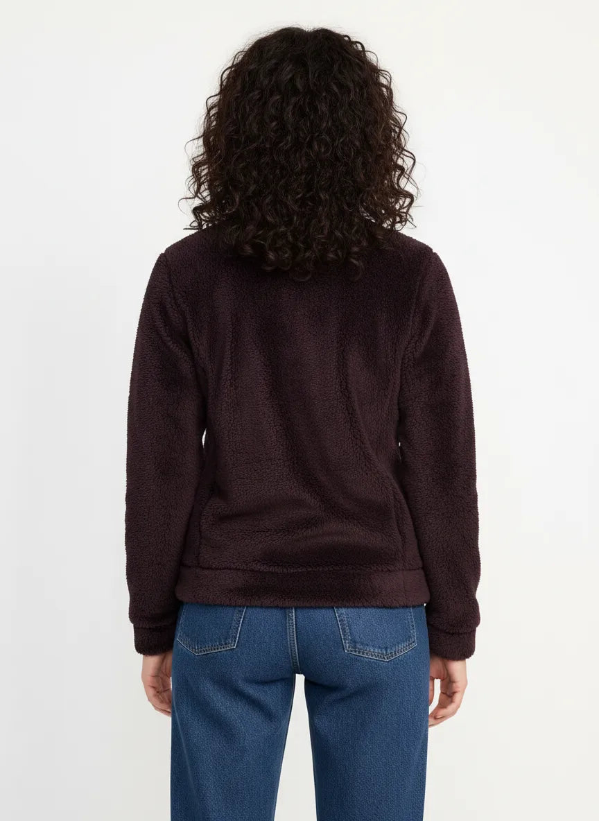 Women’s Wine Coral Fur Full-Zip Sweatshirt with Standing Collar and Side Pockets