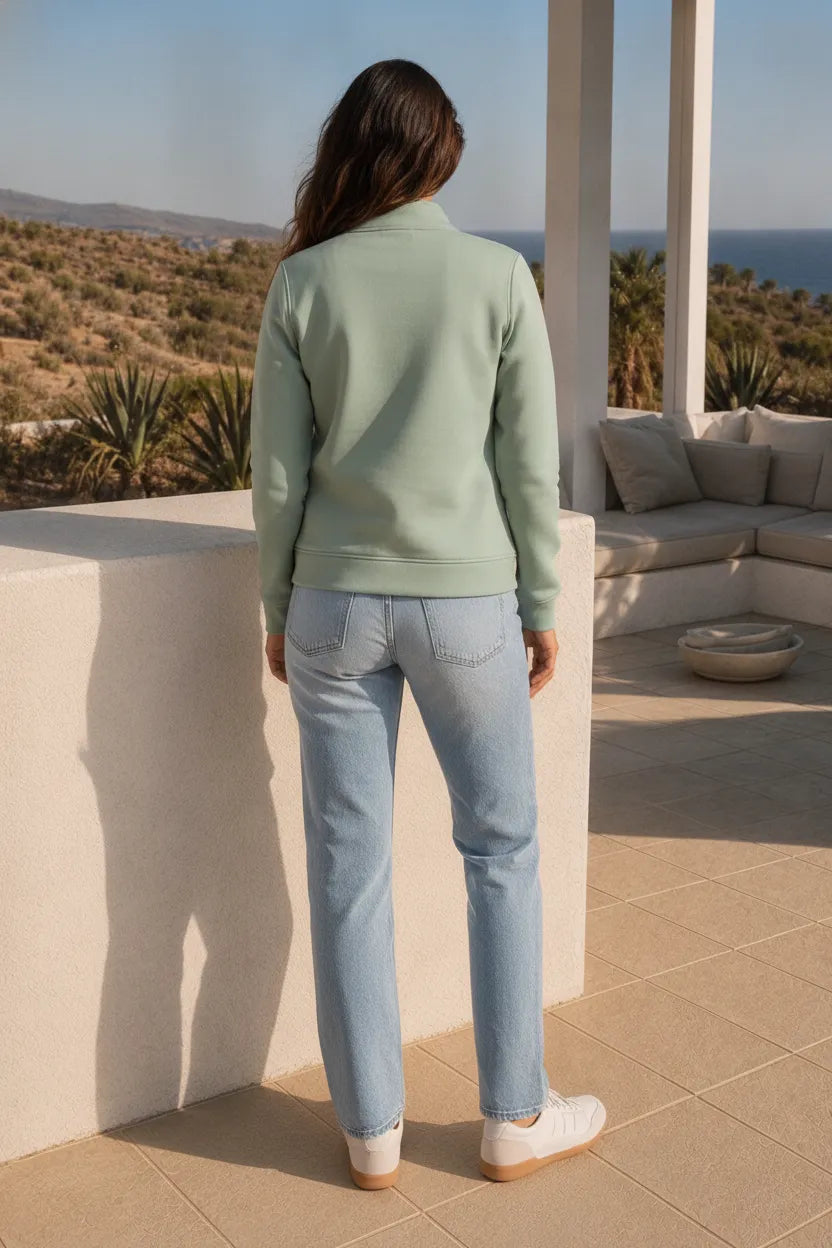 Women Desert Sage Cotton Blended German Velvet Full Zip | Standing Collar Winter Sweatshirt